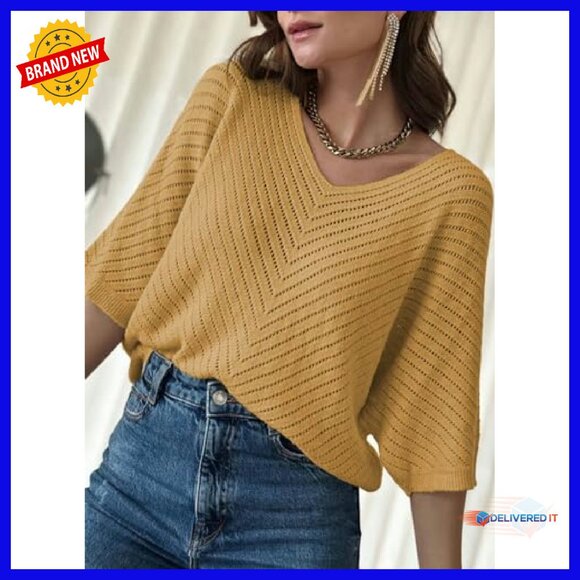 Soft V-Neck Pullover Sweater, 3/4 Sleeve, Loose Fit, Lightweight Knit - Picture 4 of 5